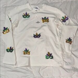 Belle Cher Mardi Gras Girls White Long Sleeve Shirt with Sequin Mask size 10